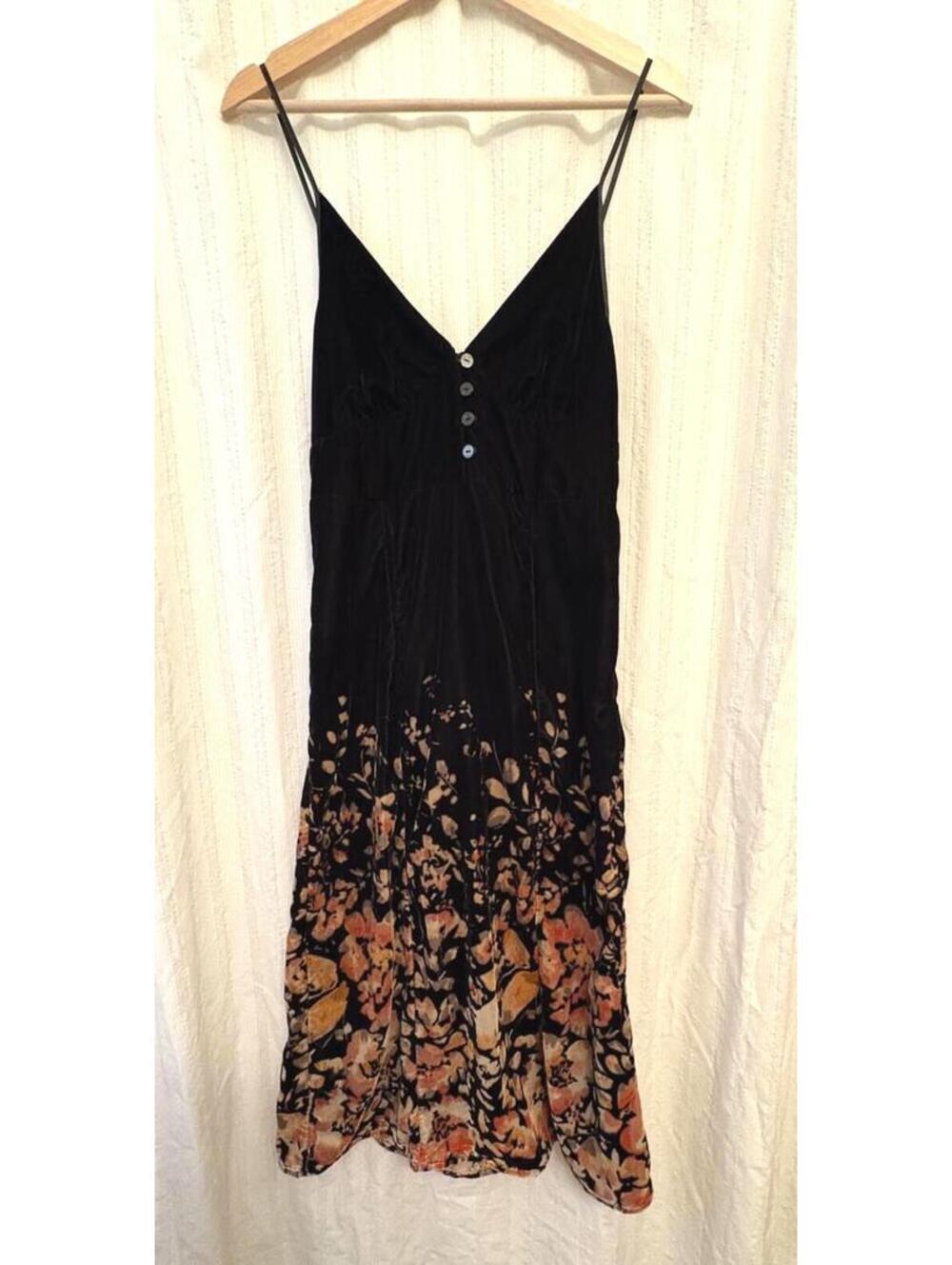 Urban Outfitters Black Velvet Maxi Dress with Floral Print and Button Detail